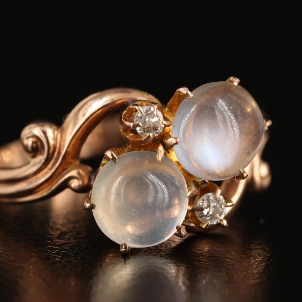 RARE Antique Victorian Era 1900s Rose Gold, Diamond, Moonstone Moi et Toi Ring - Picture 2 of 7